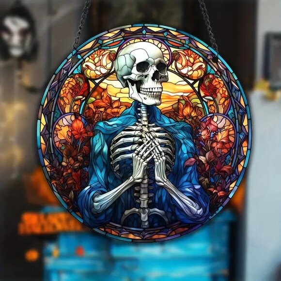 SKeleton Suncatcher Halloween Skull 6" Scary Spooky Horror Hanging In/Outdoor - Picture 1 of 3